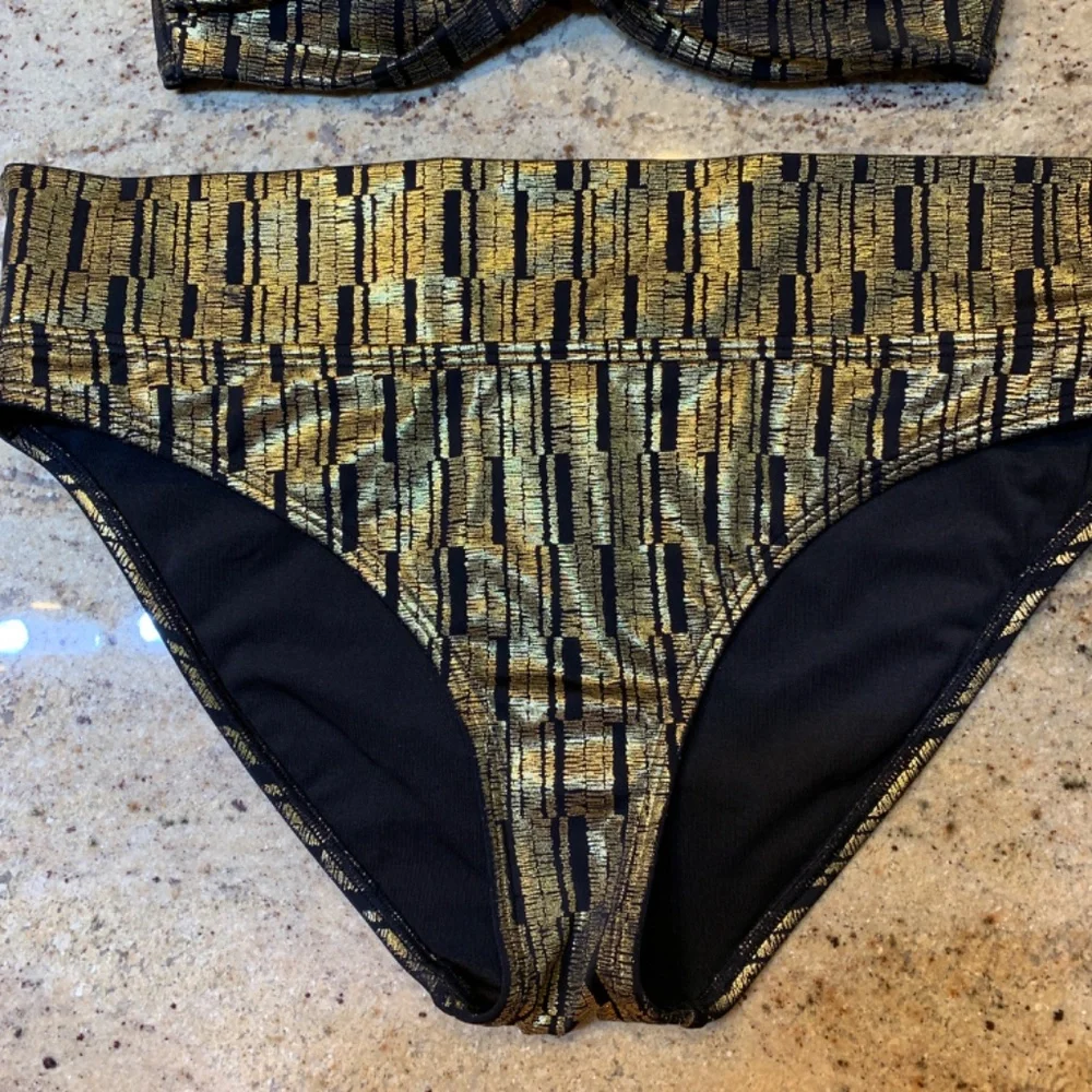 Victoria's Secret Bikini Top 34C Bottom Large Black Gold The Flirt Bandeau
